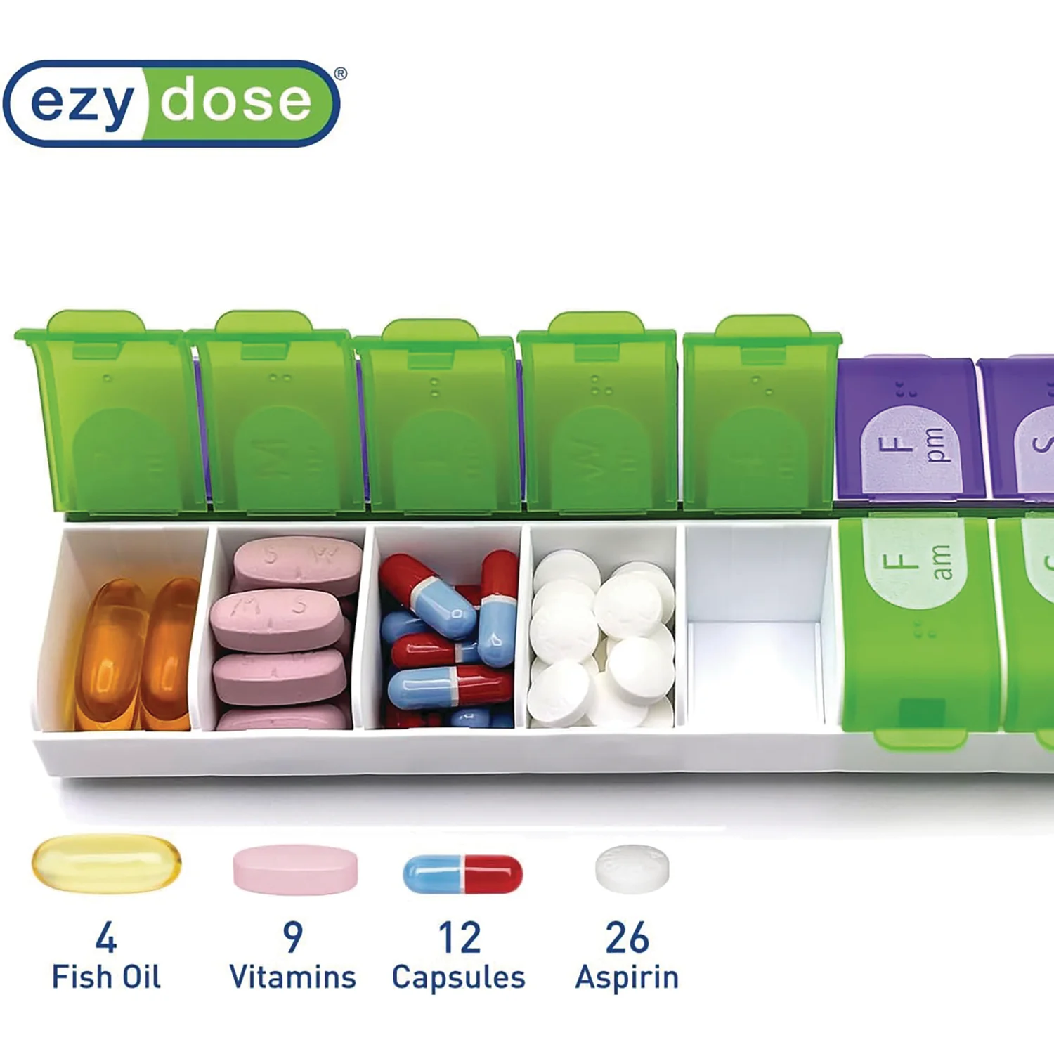 Ezy Dose Pill Planner Weekly AM/PM Easy Fill Green and Purple - Image 3